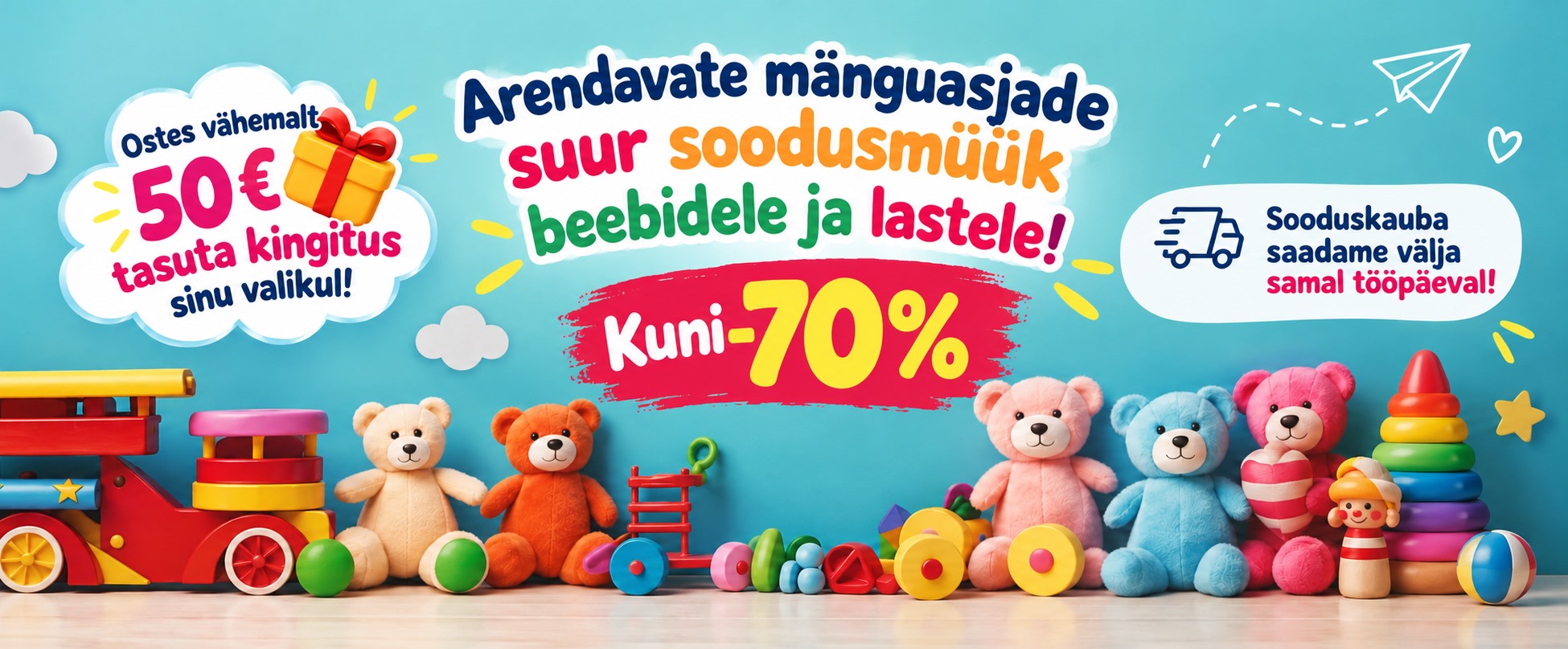 Arendavate mänguasjade soodusmüük kuni 70%. Ostes vähemalt 50 € eest saad kingituse. Sooduskauba saadame välja samal tööpäeval.