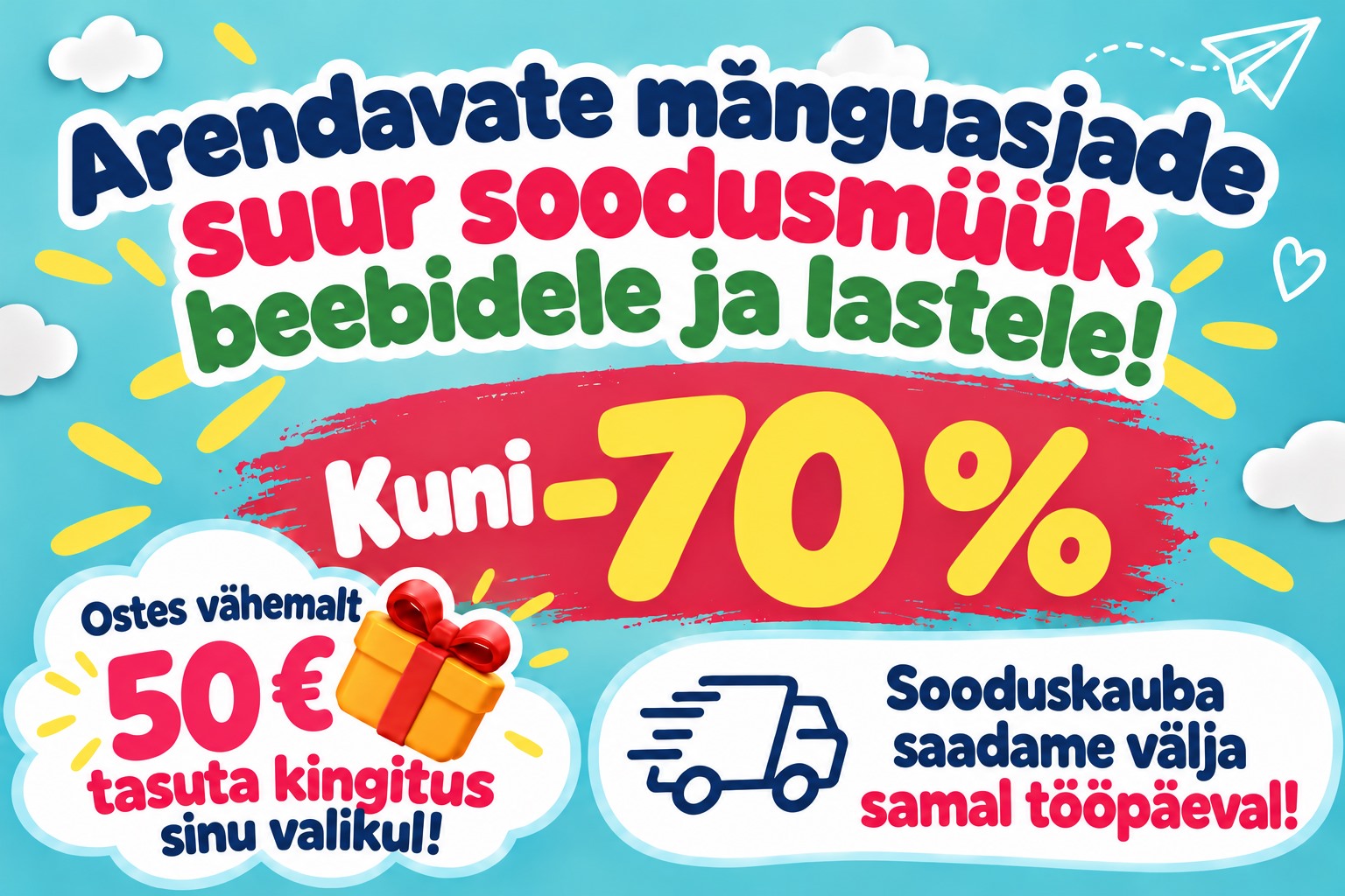 Arendavate mänguasjade soodusmüük kuni 70%. Ostes vähemalt 50 € eest saad kingituse. Sooduskauba saadame välja samal tööpäeval.