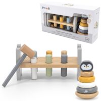 Medinė piramidė ir perforatorius su plaktuku pingvinu Montessori