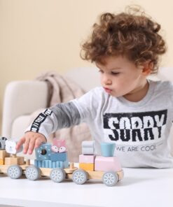 VIGA PolarB medinis traukinukas su vežimėliais ir gyvūnais Montessori krūvoms statyti