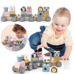 VIGA PolarB medinis traukinukas su vežimėliais ir gyvūnais Montessori krūvoms statyti