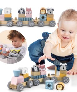 VIGA PolarB medinis traukinukas su vežimėliais ir gyvūnais Montessori krūvoms statyti