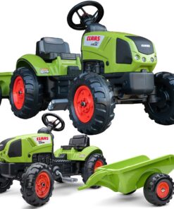 FALK Žalias Claas pedalų traktorius su priekaba ir garso signalu
