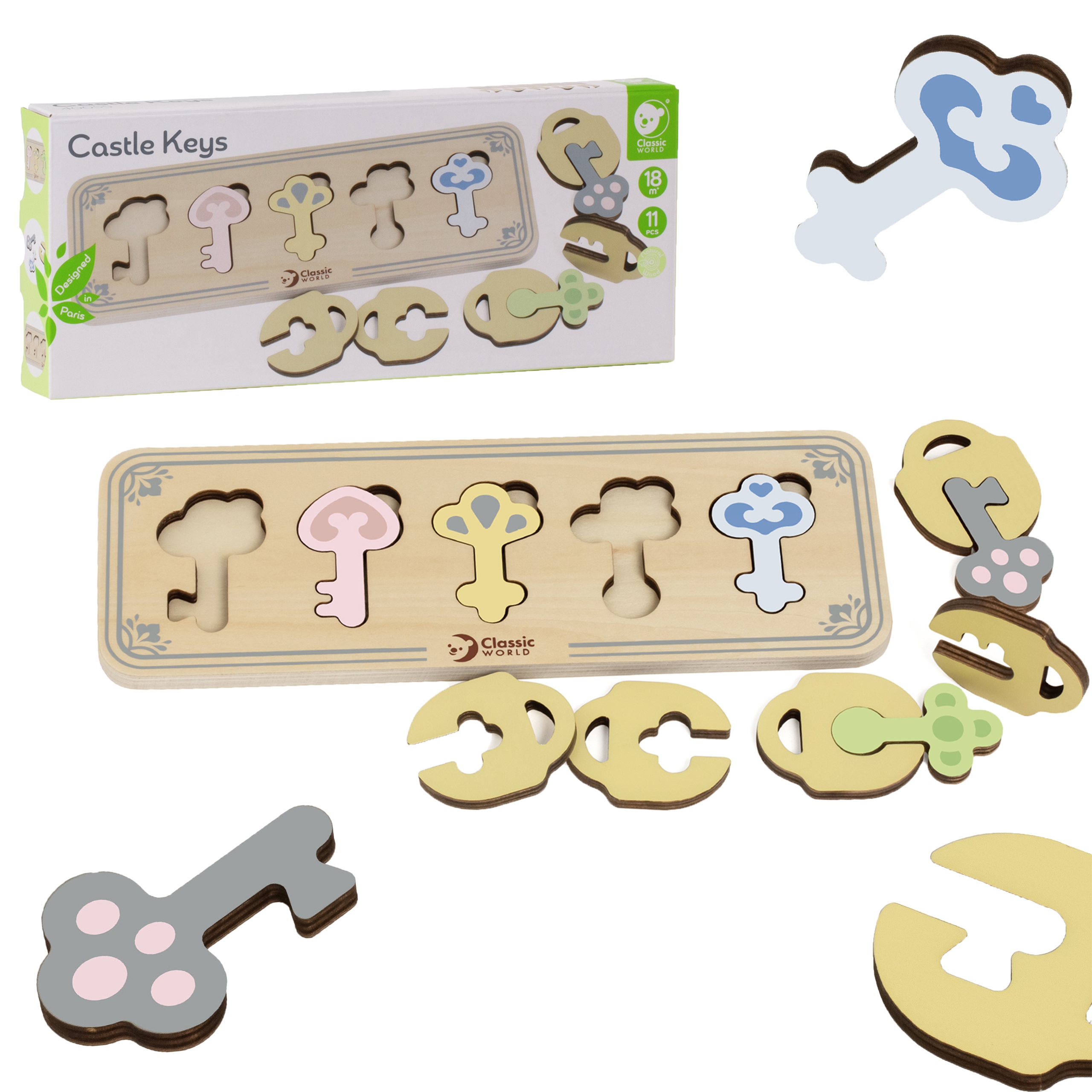 CLASSIC WORLD medinis Montessori sensorinis galvosūkis su atitinkamais raktais ir spynomis CLASSIC WORLD medinis Montessori sensorinis galvosūkis su atitinkamais raktais ir spynomis