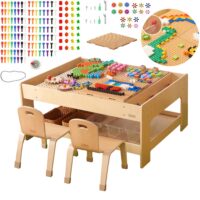 MASTERKIDZ medinis edukacinis stalas + STEM sienos priedai + 135 kaladėlės