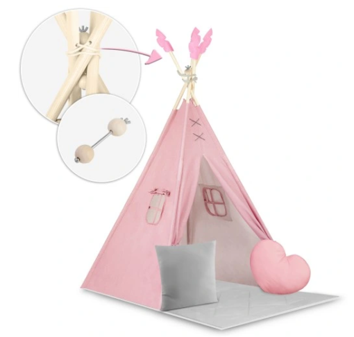 Tipi nukida rožinė palapinė su dideliu kilimėliu - Image 6