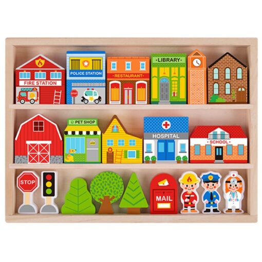 TOOKY TOY medinis pastatų ir figūrėlių rinkinys „Miestas“