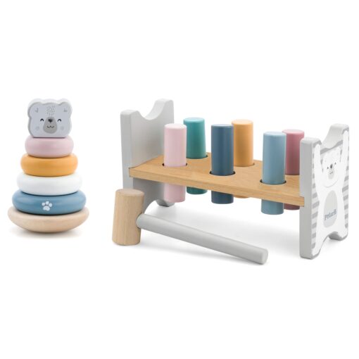 VIGA PolarB medinės piramidės rinkinys + baltojo lokio plaktukas-perforatorius Montessori