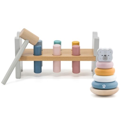 VIGA PolarB medinės piramidės rinkinys + baltojo lokio plaktukas-perforatorius Montessori
