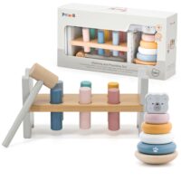 VIGA PolarB medinės piramidės rinkinys + baltojo lokio plaktukas-perforatorius Montessori