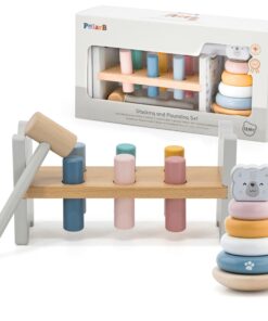 VIGA PolarB medinės piramidės rinkinys + baltojo lokio plaktukas-perforatorius Montessori
