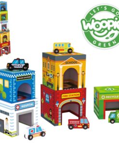 WOOPIE GREEN Dėlionės kubeliai Miesto transporto priemonės dėžutėse + figūrėlės 10 vnt.