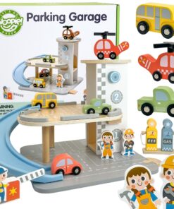 WOOPIE GREEN Medinė Dviaukštė automobilių stovėjimo aikštelė 2in1 Degalinė su automobiliais ir figūrėlėmis 12 vnt. FSC