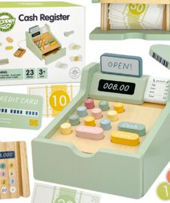 WOOPIE GREEN Medinė edukacinė parduotuvė Atsiskaitymas su priedais 23 vnt.