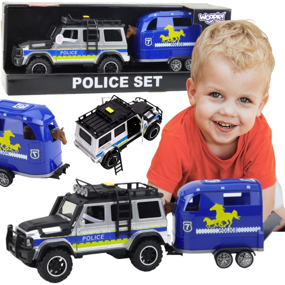 WOOPIE policijos bekelės automobilių komplektas su arklio priekaba WOOPIE policijos bekelės automobilių komplektas su arklio priekaba