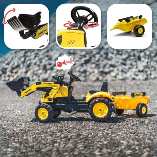 FALK Komatsu pedalinis traktorius su ekskavatoriaus kaušu ir priekaba