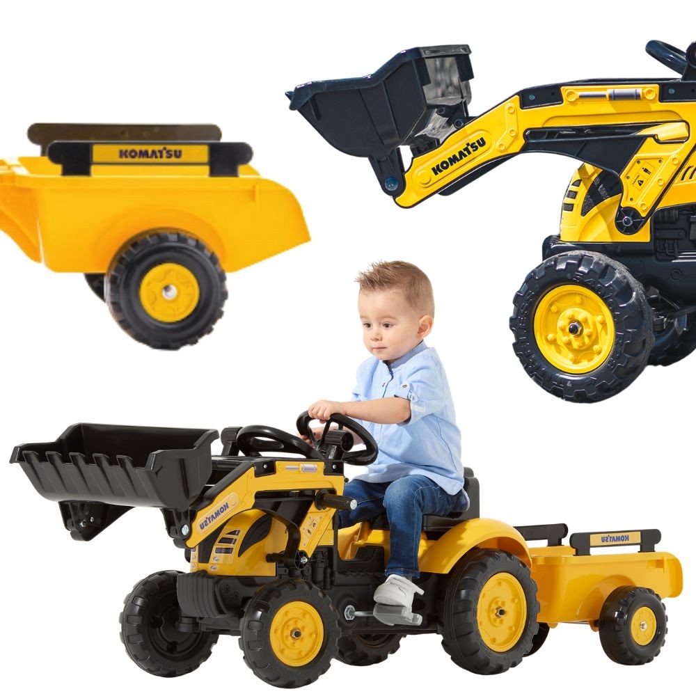 FALK Komatsu pedāļu traktors ar ekskavatora kausu un piekabi FALK Komatsu pedalinis traktorius su ekskavatoriaus kaušu ir priekaba