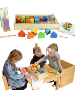 Masterkidz didelis medinis Montessori virvelių vėrimo žaislas