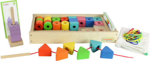 Masterkidz didelis medinis Montessori virvelių vėrimo žaislas