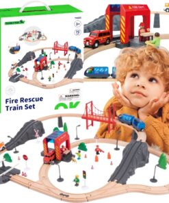 Tooky Toy medinis elektrinis gaisrinės traukinio rinkinys su garso efektais