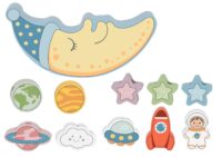 Tooky Toy medinis žaidimas „Miegantis mėnulis“ – balansavimas ir vėrimas viename rinkinyje