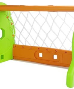 Vaikiški žali–oranžiniai futbolo vartai su kamuoliuku