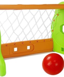 Vaikiški žali–oranžiniai futbolo vartai su kamuoliuku