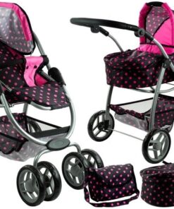 2in1 lėlių vežimėlis Alice – lopšys ir sportinis vežimėlis viename (juodas su rožiniais taškeliais)