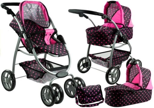 2in1 lėlių vežimėlis Alice – lopšys ir sportinis vežimėlis viename (juodas su rožiniais taškeliais)