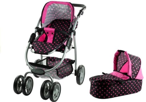 2in1 lėlių vežimėlis Alice – lopšys ir sportinis vežimėlis viename (juodas su rožiniais taškeliais)