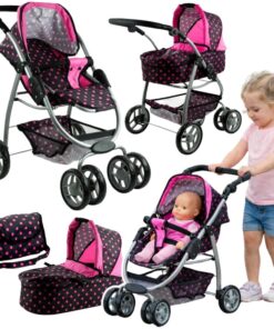 2in1 lėlių vežimėlis Alice – lopšys ir sportinis vežimėlis viename (juodas su rožiniais taškeliais)