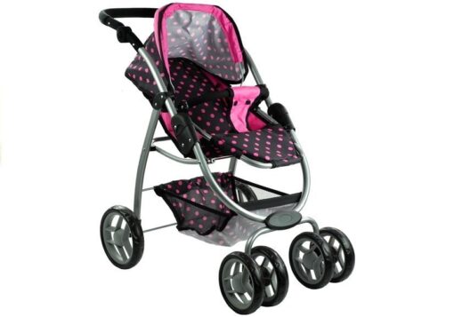 2in1 lėlių vežimėlis Alice – lopšys ir sportinis vežimėlis viename (juodas su rožiniais taškeliais)