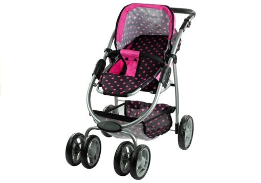 2in1 lėlių vežimėlis Alice – lopšys ir sportinis vežimėlis viename (juodas su rožiniais taškeliais)