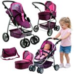 2in1 lėlių vežimėlis Alice – rožinis su juodais taškeliais