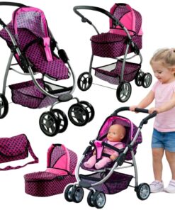 2in1 lėlių vežimėlis Alice – rožinis su juodais taškeliais