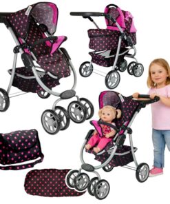 2in1 lėlių vežimėlis su juodu ir rožiniu krepšiu