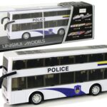 Baltas dviejų aukštų policijos autobusas su atbuline trauka