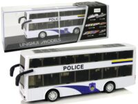 Baltas dviejų aukštų policijos autobusas su atbuline trauka