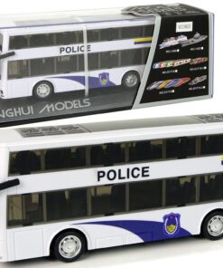 Baltas dviejų aukštų policijos autobusas su atbuline trauka