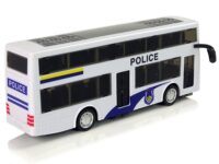 Baltas dviejų aukštų policijos autobusas su atbuline trauka