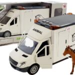 Baltas žaislinis arklių transporterio automobilis su šviesomis