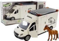 Baltas žaislinis arklių transporterio automobilis su šviesomis