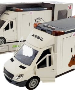 Baltas žaislinis arklių transporterio automobilis su šviesomis