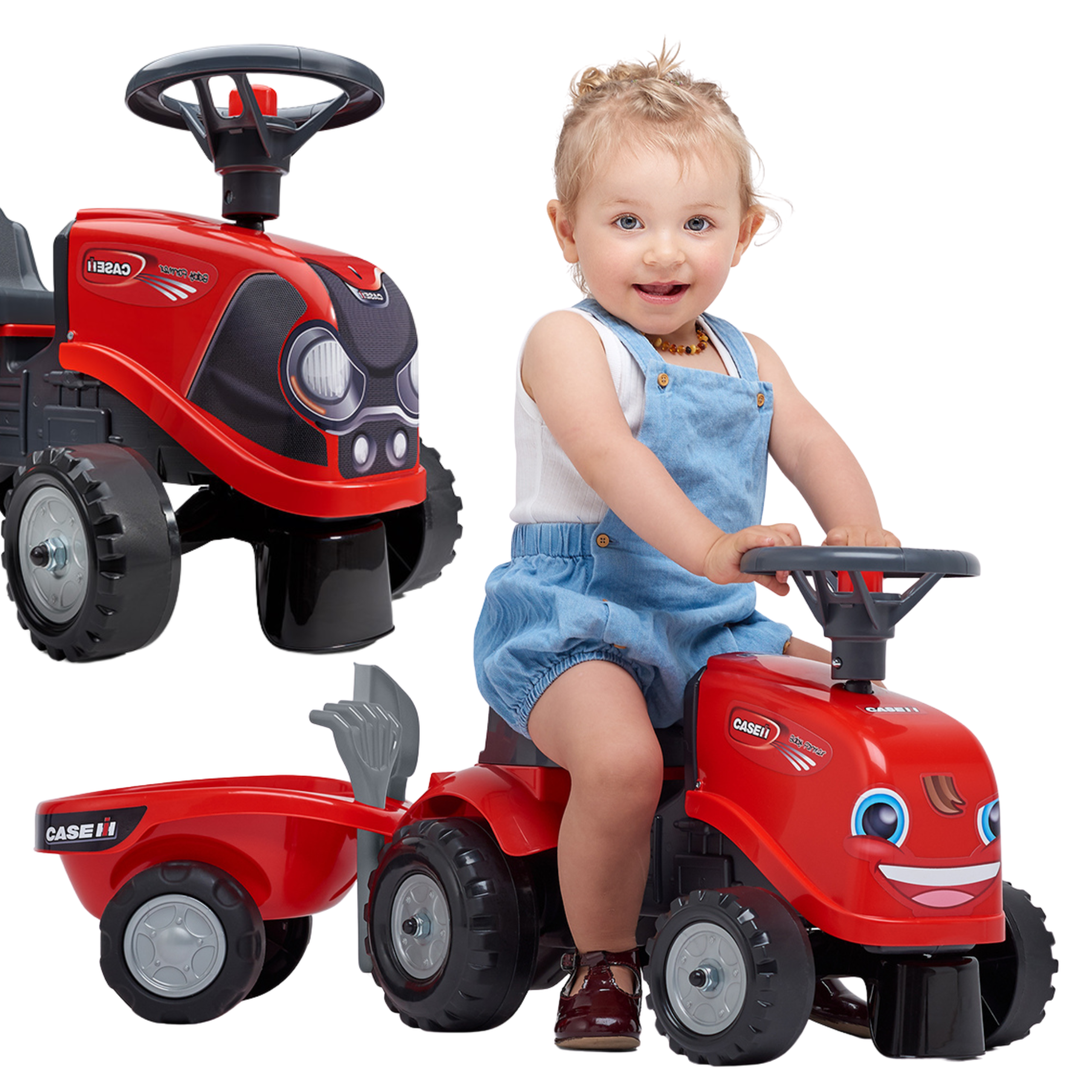 Falk Baby Case IH t&otilde;ukurtraktor haagise, t&ouml;&ouml;riistade ja kleebistega