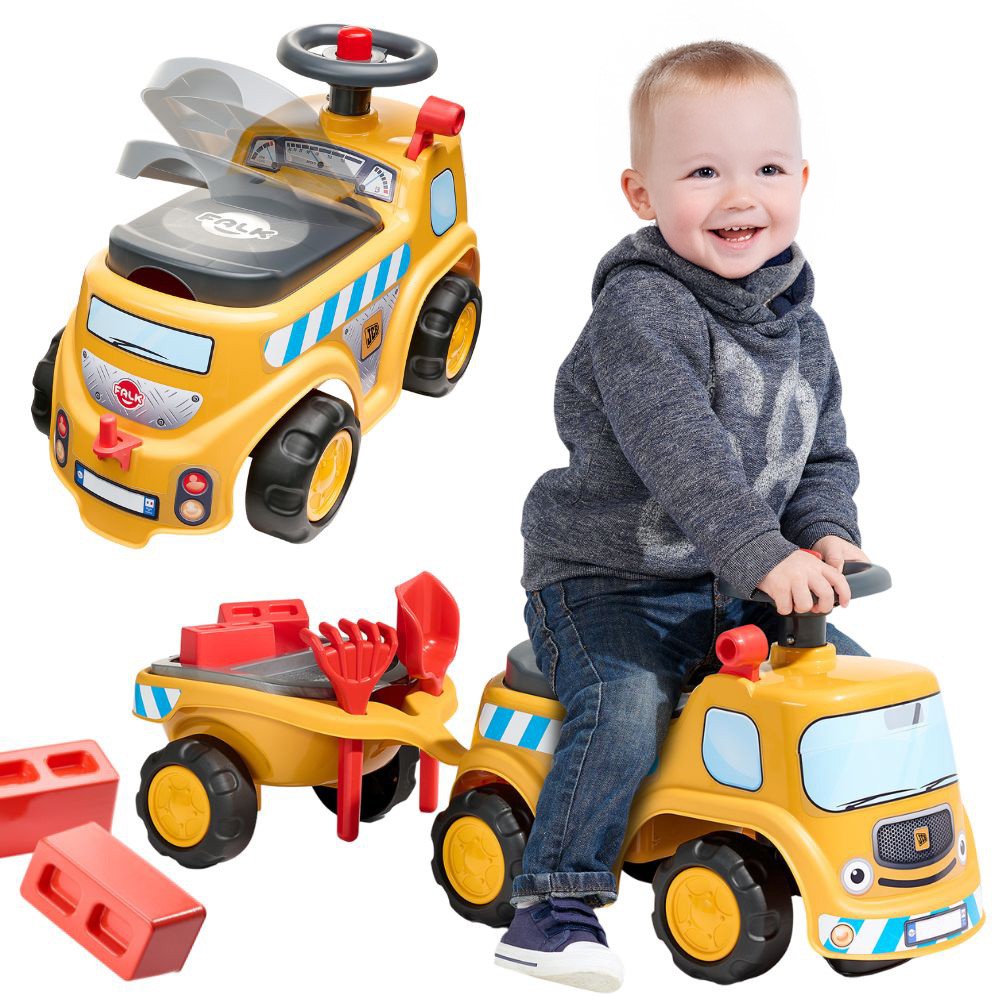 Falk JCB statybinis stumdomas sunkvežimis su priekaba ir smėlio įrankiais Falk JCB statybinis stumdomas sunkvežimis su priekaba ir smėlio įrankiais