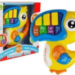 Geltonas papūgėlės formos pianinas mažyliui – su melodijomis