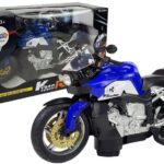 Mėlynas motociklas su baterijomis – šviesos