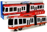 Raudonas lankstus autobusas su frikcine pavara