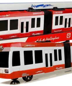 Raudonas lankstus autobusas su frikcine pavara