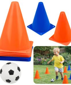 Rinkinys treniruotėms skirtų kūgelių su kamuoliu (mėlyni–oranžiniai)